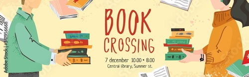 Bookcrossing banner vector template. A man and a woman opposite each other hold a book hand drawn in a modern flatstyle. The concept of the poster, re-use items. Cute cartoon vector illustration