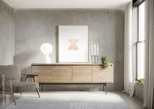 Fotografija 3d grey interior with wood sideboard with stucco concrete wall and am art frame