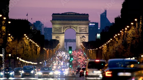 Arc de Triomphe in Paris city night view, France