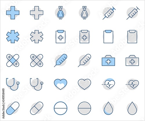 Set of Medicine vector line icons. It contains the first aid kit, nurse, syringe, thermometer, plastic, pills, heart, drop of blood, palpitation and much more. Editable Stroke. 32x32 pixels.