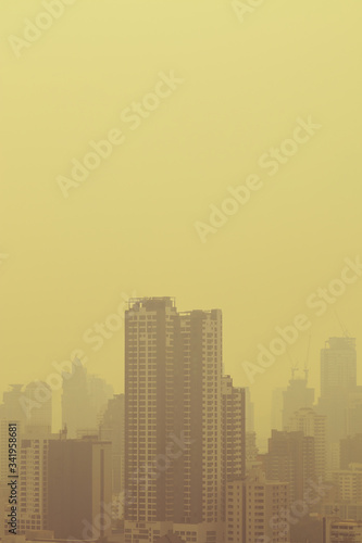 smog city in summer with morning sunlight  haze of pollution covers city  global warming concept