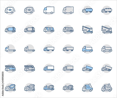 Truck Set of Transport Vector Line Icons. Contains such Icons as Truck, Transportation, Tow Truck, Cranes, Mixer, Garbage Truck, Manipulators, Delivery service and more. Editable Stroke. 32x32 Pixel