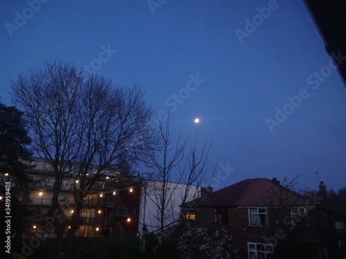 Evening moon in suburbs