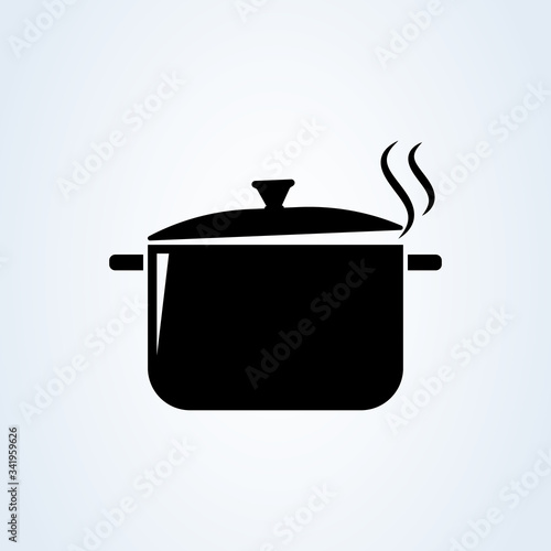 Hot meal. Pot and steam. Cooking symbol. illustration