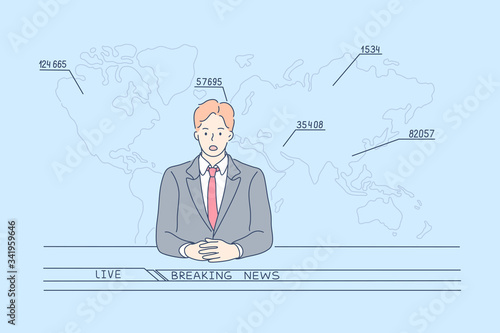 TV news report concept. Young man cartoon character television host telling television breaking reportage at studio looking at camera. Coronavirus infection statistics in live broadcast illustration.