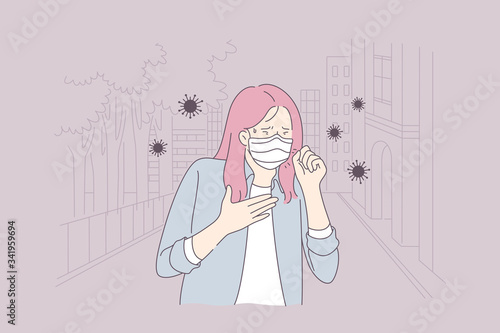 Biohazard, health, infection coronavirus concept. Young sick ill woman or girl cartoon character in medical face mask coughing sneezing. 2019ncov spread and COVID19 desease contamination.