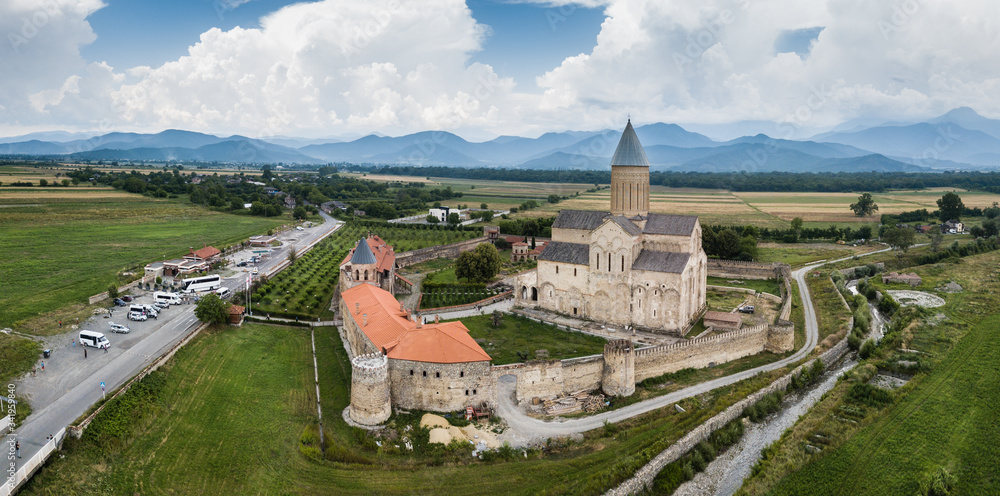 Aerial drone view Alaverdi Monastery in Kakheti, Georgia