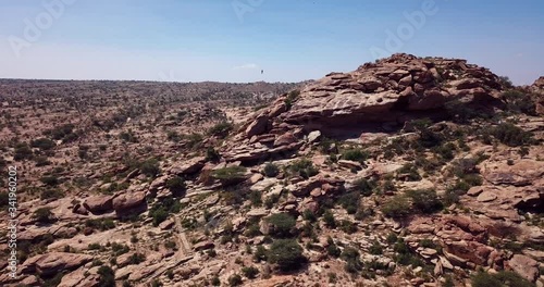 4K Footage Aerial View to the Laas Geel, cave formations on the rural outskirts of Hargeisa, Somaliland