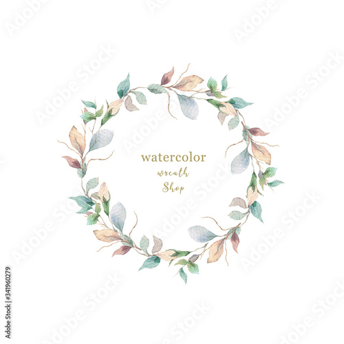 Watercolor illustration of a beautiful floral wreath with spring flowers. Hand drawn elegant light pink flowers on white background