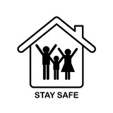 Stay home, stay safe concept. Coronavirus Covid-19, quarantine symbol. Family of adults and kid stay at home to reduce risk of infection and spreading the virus. Vector illustration.