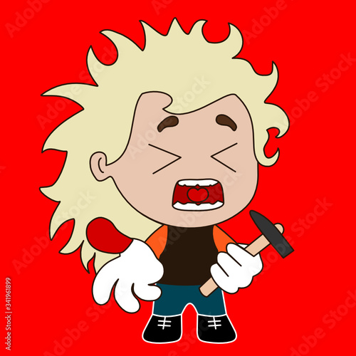 emoticon with unfortunate guy that is feeling a real pain, man screaming after hurting himself by hitting his finger by a hammer, simplistic vector emoji in color
