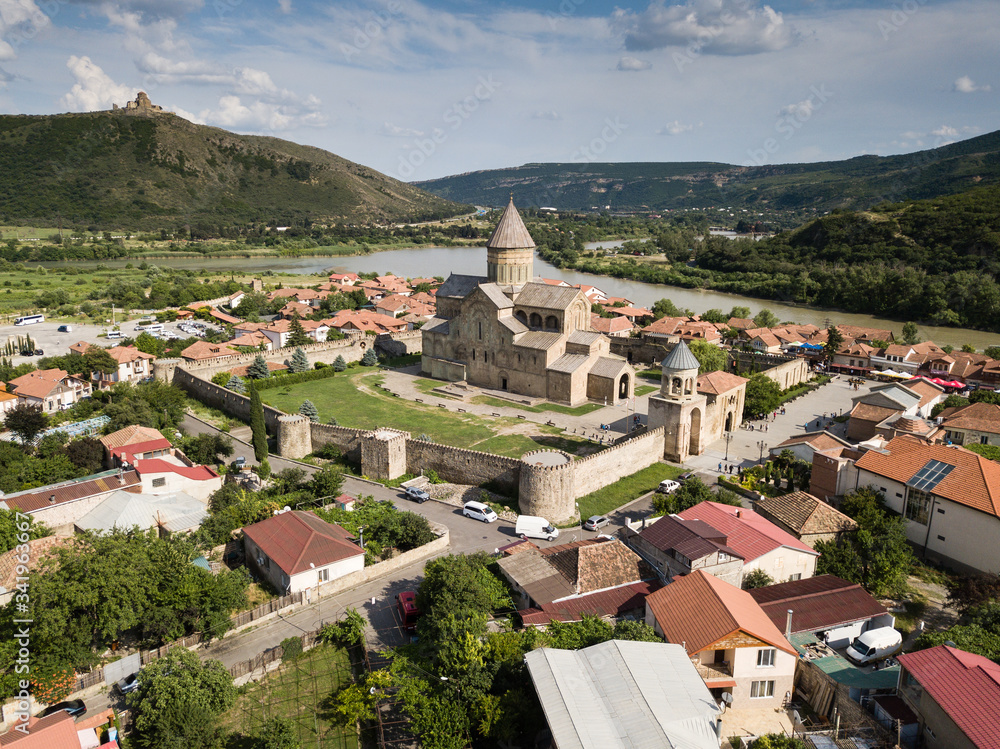 Aerial view to Svetitskhoveli Orthodox Cathedral and historical town Mtskheta, near Tbilisi, Georgia