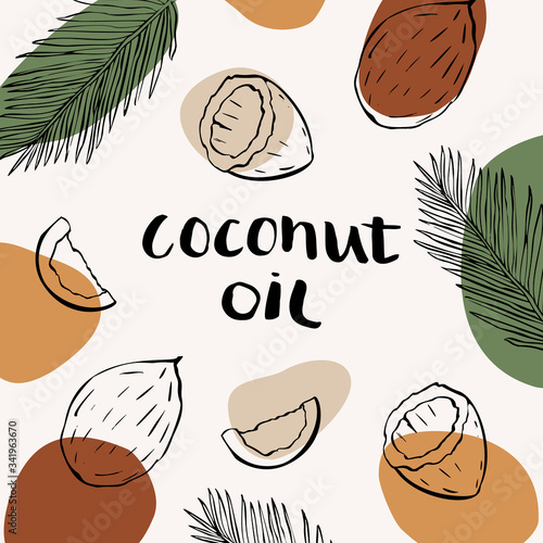 Vector packaging design and template for cosmetics labels and bottles with coconut oil.