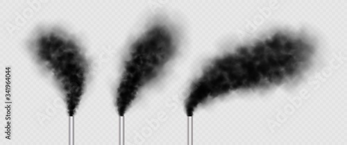 Chimneys with blask smoke, industrial factory pipes collection. Urban power plant flues with steams isolated on transparent background. Air pollution concept. Vector illustration.