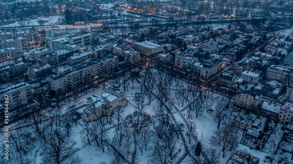 City by night, Winter in Park, Europe, Poland, Mazovia