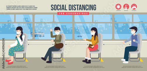 Social distancing for coronavirus vector illustration. Transport public society to protect from COVID-19 outbreak spreading concept.