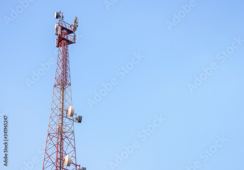 Telecommunication metal tower. Equipment for cellular communications 4g and 5g. Transmitting and receiving signal antennas.