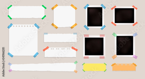 Vector set of paper frames, blank template, different memo stickers and tapes, photo cards, isolated illustrations, backgrounds.