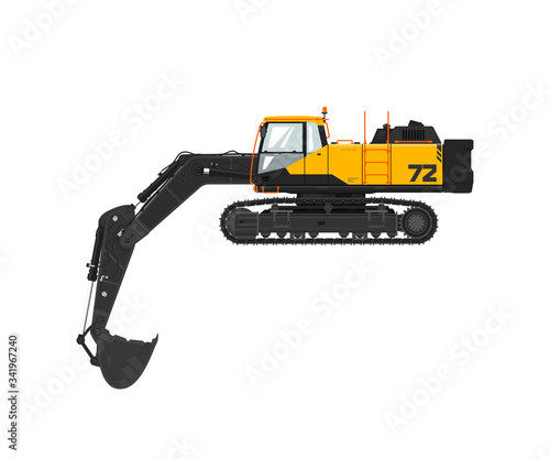 Digger hydraulic excavator with dipper isolated on white background, vector illustration