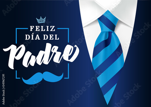 The best Dad in the World - World`s best dad - spanish language. Happy fathers day - Feliz dia del Padre - quotes. Mens suit and blue tie with text, crown & mustache. Sale banner vector illustration