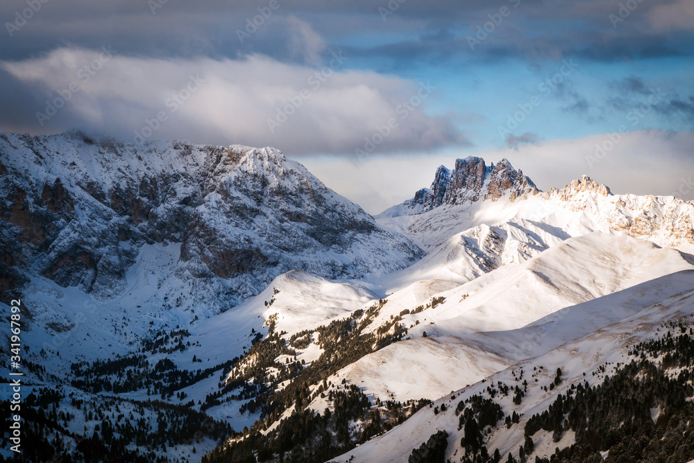 Dramatic winter mountain landscape , Italian Domolites. Alpine scenery