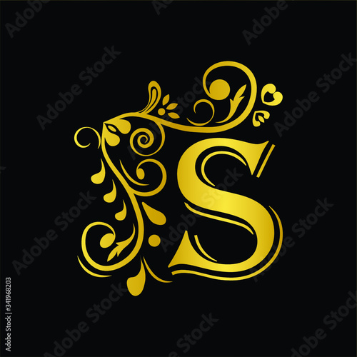 Gold letter S. Vintage golden flower ornament initial letters. Alphabet. Logo vector 