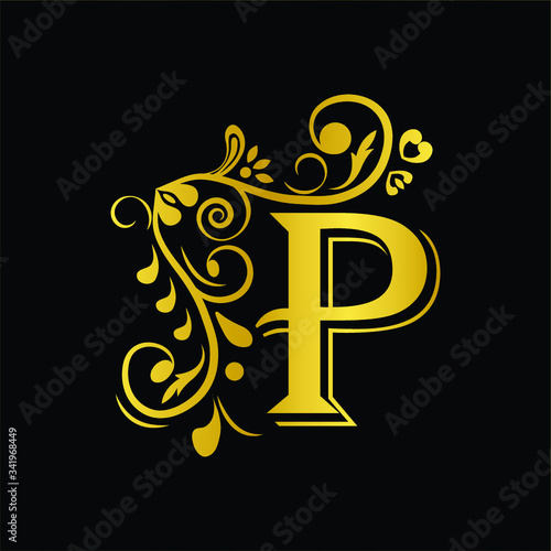 Gold letter P. Vintage golden flower ornament initial letters.  Alphabet. Logo vector 