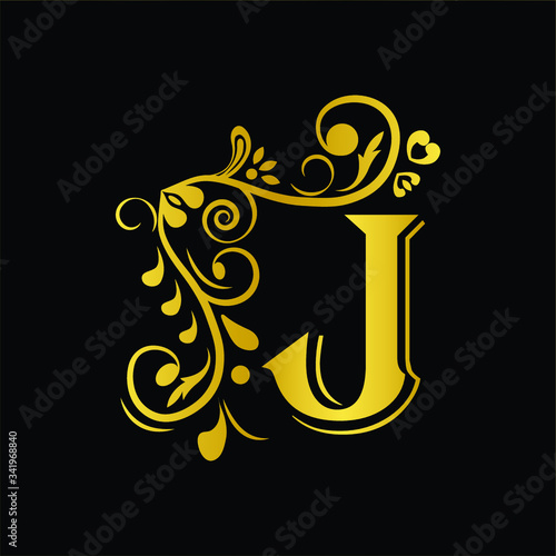 Gold letter J. Vintage golden flower ornament initial letters.  Alphabet. Logo vector 