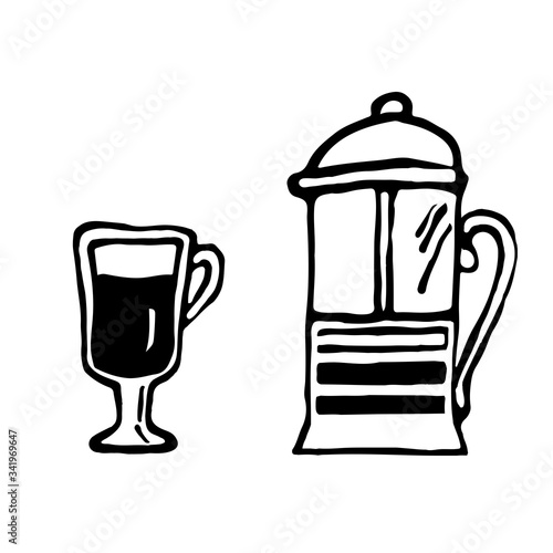 French press, a cup of coffee. Vector doodle style. Cute illustration of coffee brewer. An invigorating drink.