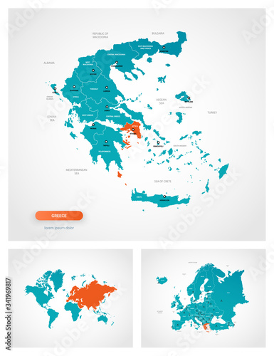 Editable template of map of Greece with marks. Greece  on world map and on Europe map.