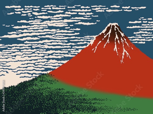 Illustration of Fuji mountain in red and colorful color in cloudy sky photo