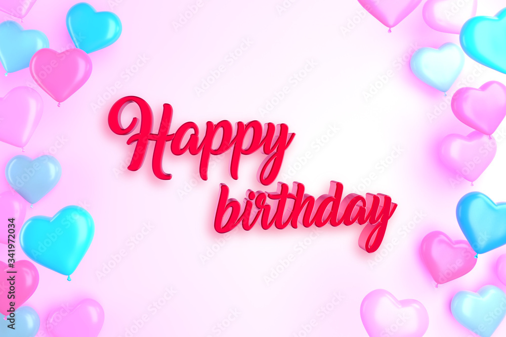 Happy birthday card. Decorative background with heart ballons. 3D rendering. Romantic illustration.