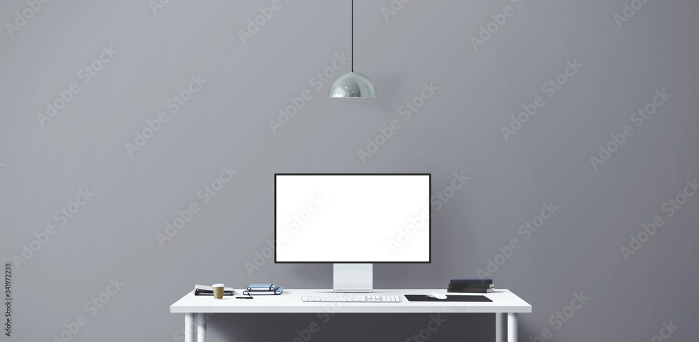 New computer display and office tools on desk. Blank desktop computer screen. Modern creative workspace background. Front view. New computer display and office tools on desk. Blank desktop computer screen. Modern creative workspace background. Front view.