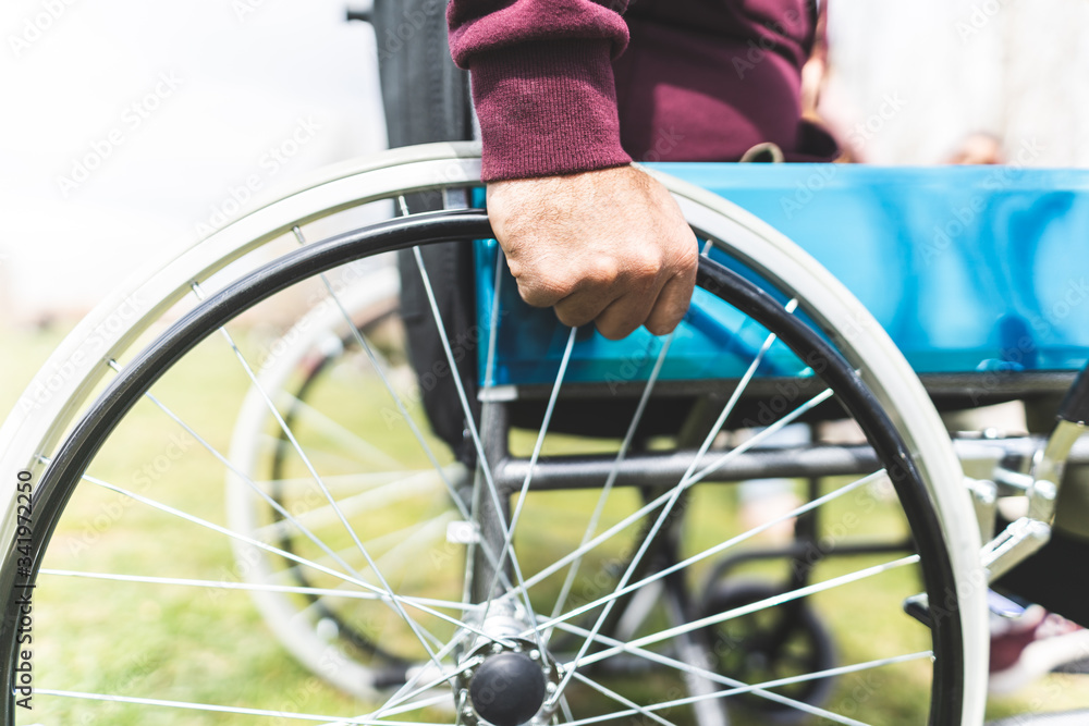 Close Up of Man on Wheelchair Outdoors. Close Up of Man on Wheelchair Outdoors.