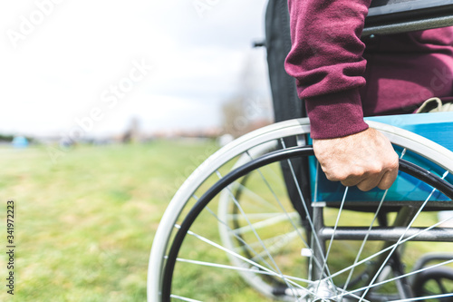 Close Up of Man on Wheelchair Outdoors.