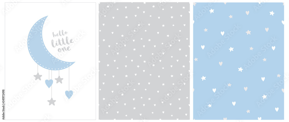 Hello Little One. Lovely Baby Shower Vector Card with Blue Moon and Hanging Stars and Hearts. 2 Seamless Vector Patterns with White and Gray Stars and Moon Isolated on a Gray and Blue Background. Hello Little One. Lovely Baby Shower Vector Card with Blue Moon and Hanging Stars and Hearts. 2 Seamless Vector Patterns with White and Gray Stars and Moon Isolated on a Gray and Blue Background.