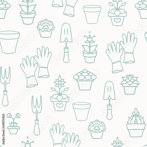 Vector Garden Planting Accessories Lineart seamless pattern background.