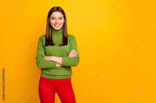 Portrait of positive cheerful girl cross hands feel satisfied about her study wear casual style clothes isolated over yellow color background