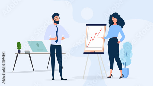 The girl shows a report to the boss. Presentation with positive dynamics. Board for paper. Infographics. Business growth. Isolated. Vector.