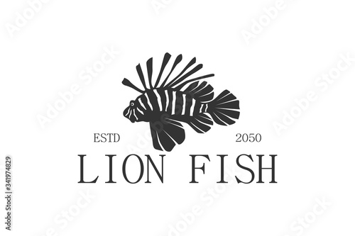 Lion fish silhouette underwater life logo design scuba diving resort icon symbol.