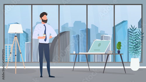 The boss is drinking coffee in his office. A man in trousers, a shirt and a tie. Office, floor lamp, workplace, laptop, indoor plant. Vector.