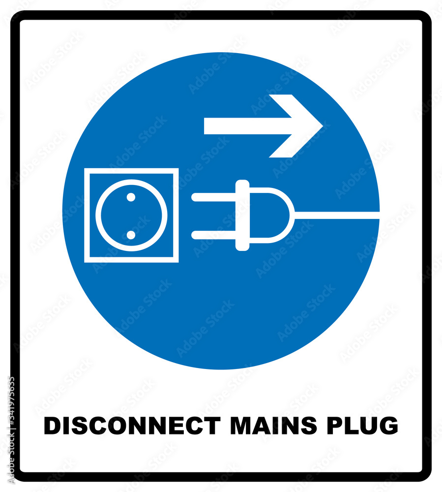 Disconnect mains plug from electrical outlet sign. Blue mandatory symbol. Vector illustration isolated on white. White simple pictogram Disconnect mains plug from electrical outlet sign. Blue mandatory symbol. Vector illustration isolated on white. White simple pictogram