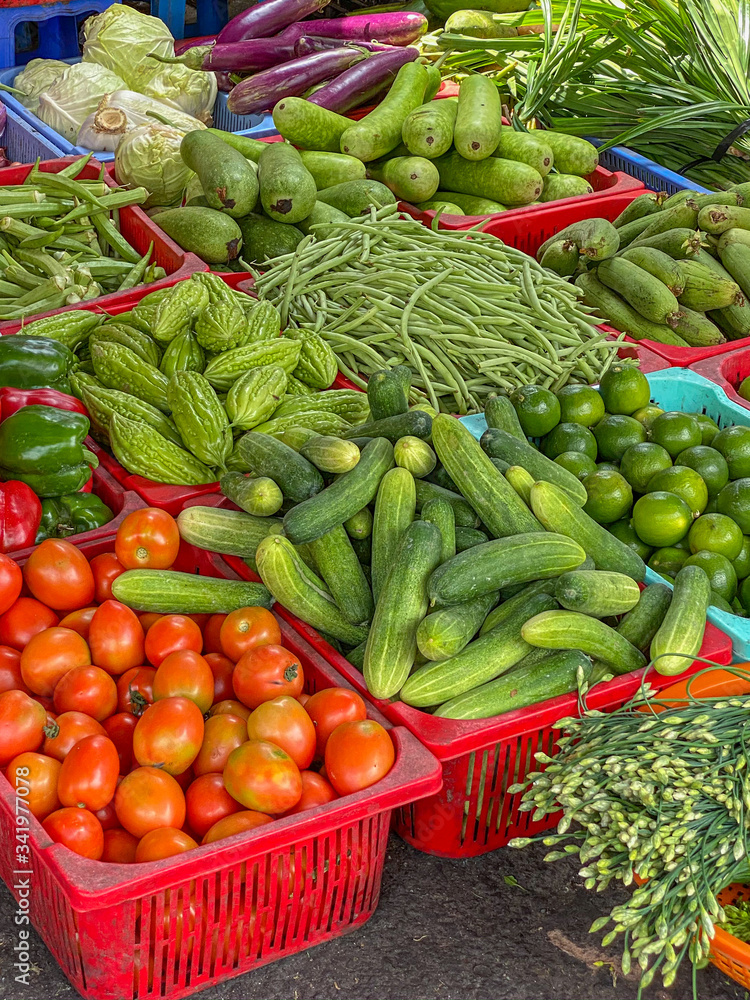 Assortment of vegetables for sale at Asian outdoor market