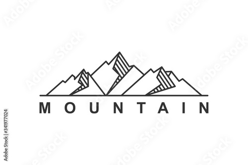Mountain outdoor logo design line style, peak hills adventure camp landscape icon symbol.