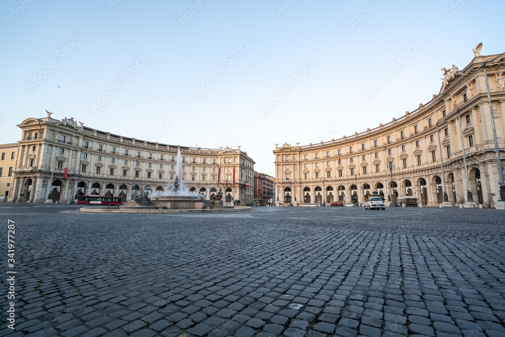 Piazza della Repubblica in Rome appears like a ghost city during the covid-19 emergency  lock down
