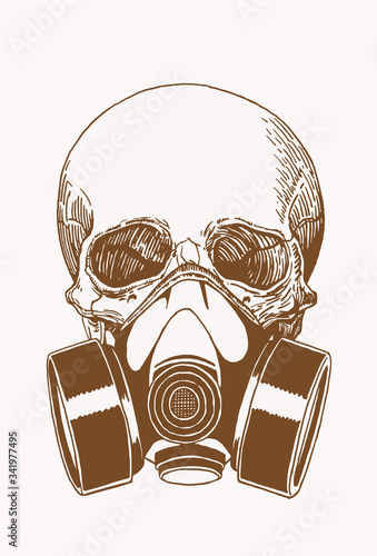 Graphical vintage  sketch of human skull in gas mask , sepia vector illustration