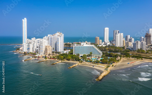 Aerial View of the hotels and tall apartment buildings in the modern section of Cartagena, Colombia. © ronedya