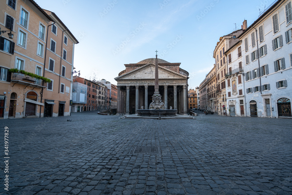 Pantheon square in Rome appears like a ghost city during the covid-19 emergency  lock down