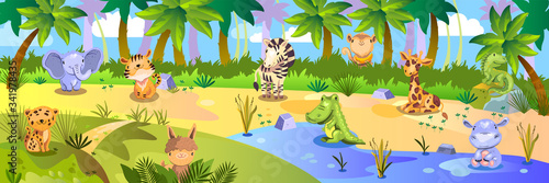 Vector stock jungle background with cute tropical animals: leopard, elephant, tiger, giraffe, zebra, hippo and crocodile. Colorful horizontal landscape with palm trees, sand and lake.