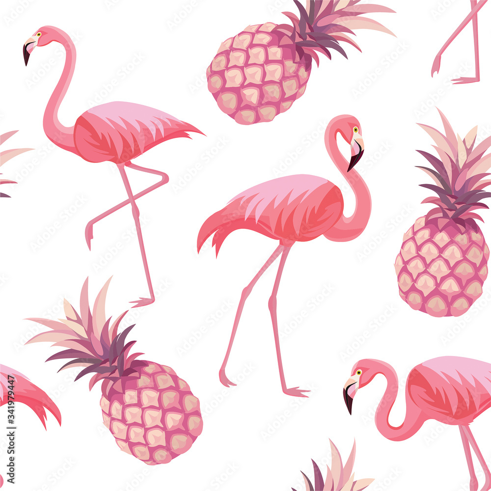 Obraz premium Pattern with flamingos and pineapples. Vector seamless texture.